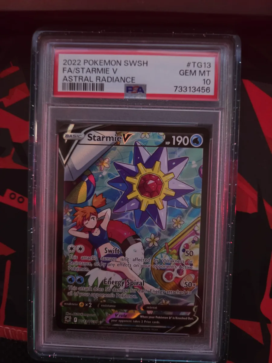 PSA 10 Gem Mint 2022 Starmie V TG13 Trainer Gallery full art with Misty from Astral Radiance in a PSA slab